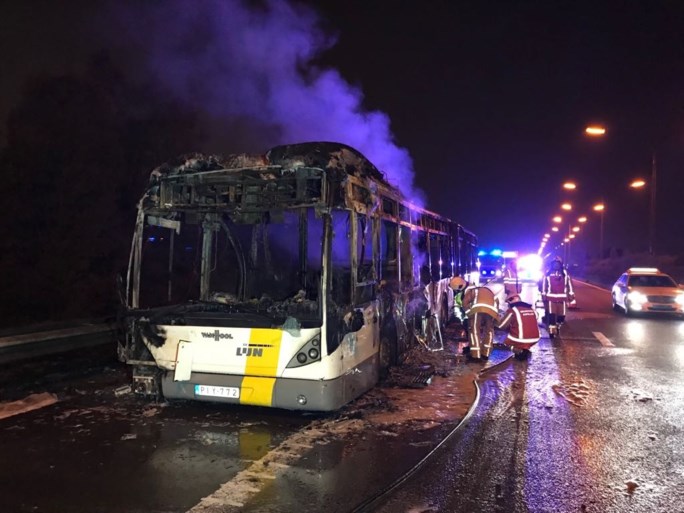 Bus van De Lijn brandt volledig uit op A12