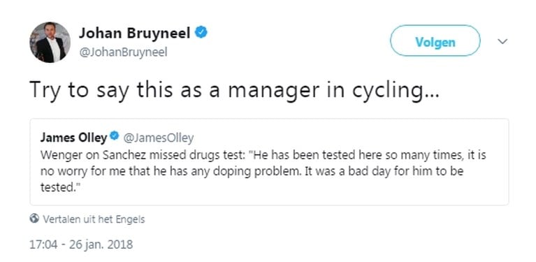 Johan Bruyneel klaagt uitspraak Arsène Wenger aan: “Zeg dat maar eens als manager in het wielrennen”