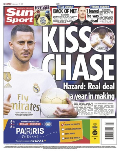 Eden Hazard siert de voorpagina’s van verschillende sportkranten, maar eentje springt er toch wel uit