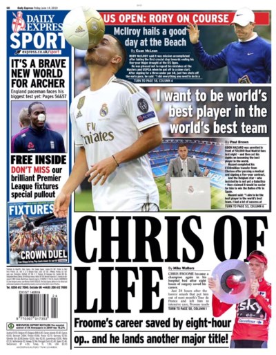 Eden Hazard siert de voorpagina’s van verschillende sportkranten, maar eentje springt er toch wel uit