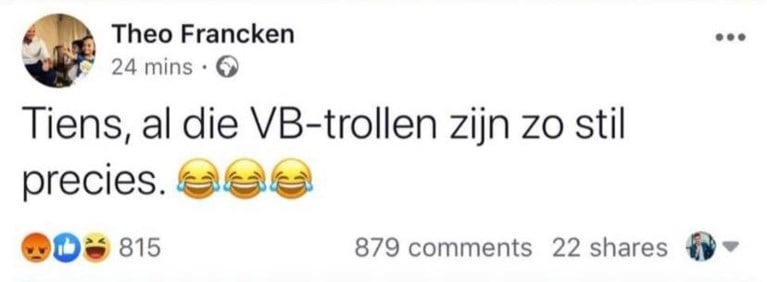 Theo Francken excuseert zich bij Vlaams Belang-kiezers: “Jullie zijn geen trollen”
