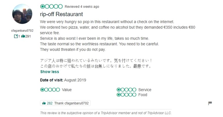 Toeristen in Rome klagen over rekening van 430 euro op restaurant, nu wil uitbater hen aanklagen
