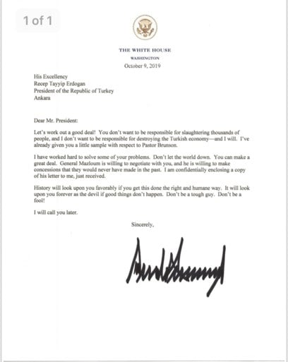 Trump “krijgt inzinking” tijdens vergadering over Syrië en vraagt Erdogan per brief om “geen dwaas” te zijn
