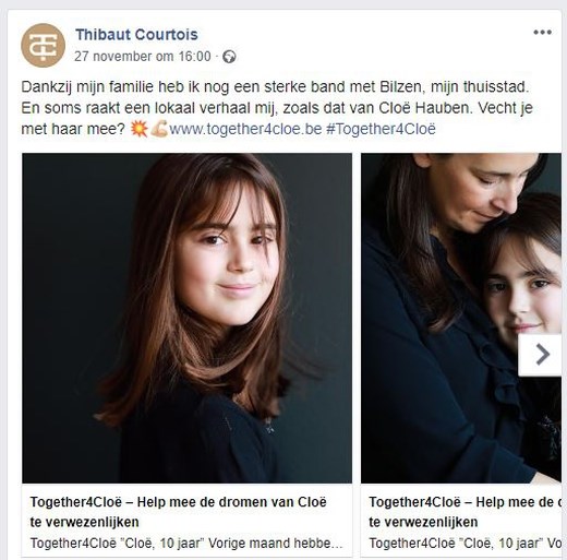 Thibaut Courtois in de bres voor Chloé, die medicijn van 100.000 euro nodig heeft om te genezen