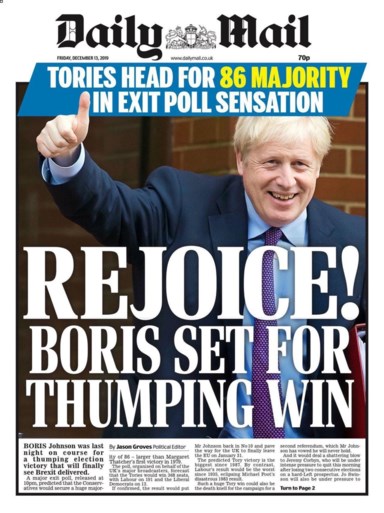 Brullende leeuw, nachtmerrie en aardverschuiving: Britse kranten over de overwinning van Boris Johnson