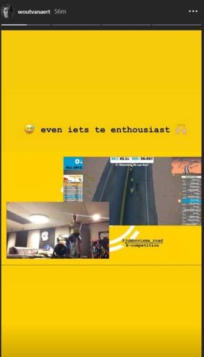 Wout van Aert triomfeert in virtuele wedstrijd van Jumbo-Visma, maar lacht met zichzelf: “Even iets te enthousiast”