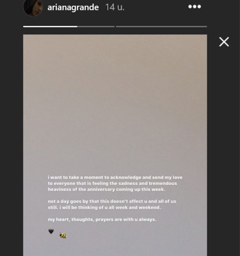 Ariana Grande herdenkt terreuraanslag in Manchester: “Er gaat geen dag voorbij dat dit ons niet beïnvloedt”