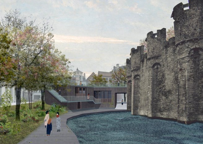 Gravensteen binnen door de poort, buiten via nieuw paviljoen