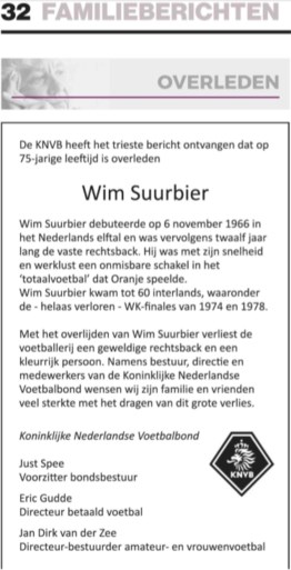 Opvallend initiatief: Nederlandse voetbalbond plaatst rouwbericht in krant voor oud-international