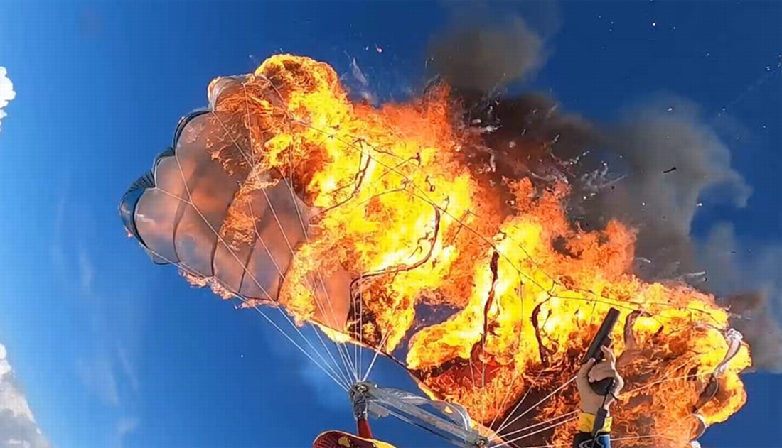 Daredevil sets fire to own parachute with well aimed shot