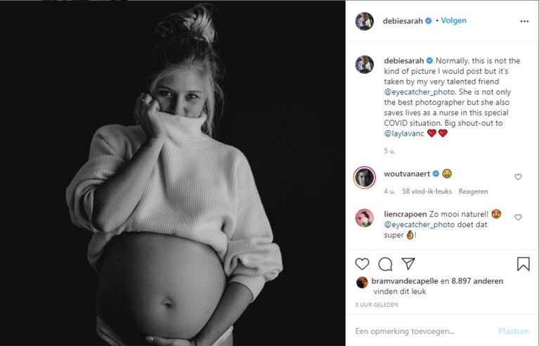 Vriendin van Stijn Steels fotografeert de blote buik van Sarah De bie, de zwangere vrouw van Wout Van Aert