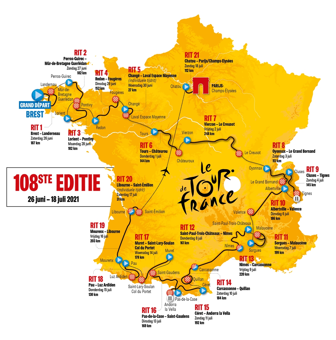 Het parcours van de Ronde van Frankrijk in 2021 is bekend b... Het
