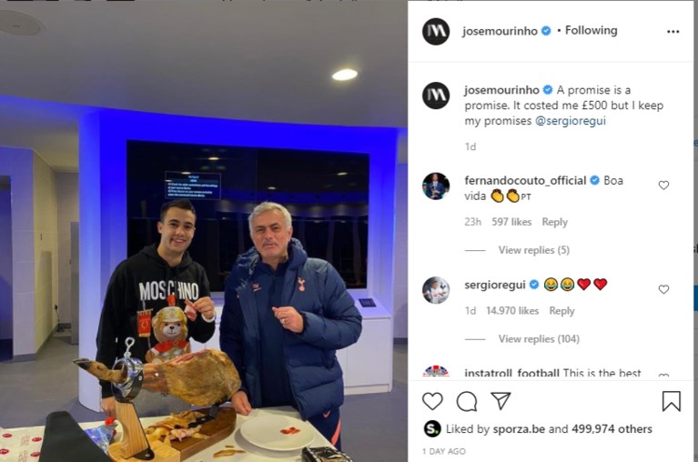 Belofte maakt schuld: Mourinho trakteert speler op peperdure serranoham na verloren weddenschap