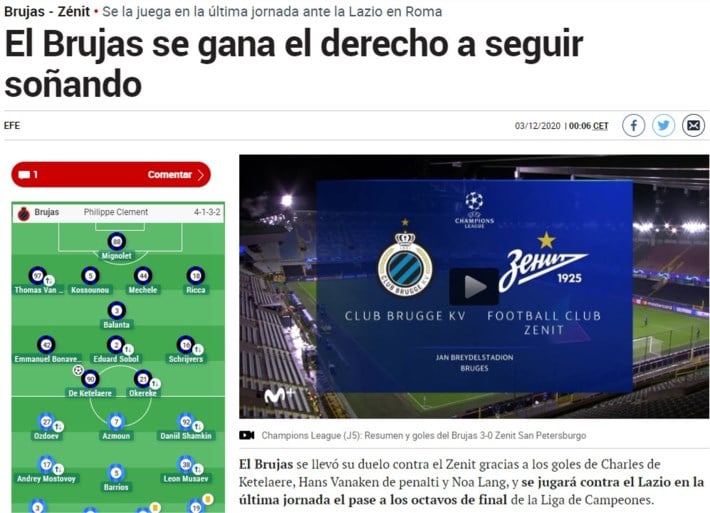Ook buitenlandse pers heeft 3-0 van Club Brugge tegen Zenit gezien: “Ze verdienen het om te blijven dromen”