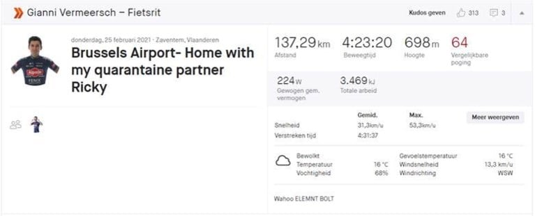 Quarantaine-duo Gianni Vermeersch (137 km) en Jonas Rickaert (124 km) fietst van Zaventem naar huis in West-Vlaanderen