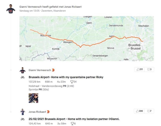 Quarantaine-duo Gianni Vermeersch (137 km) en Jonas Rickaert (124 km) fietst van Zaventem naar huis in West-Vlaanderen