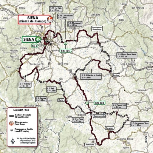 PARCOURS STRADE BIANCHE 2021. 184 kilometer, waarvan 63 km op 11 iconische gravelstroken