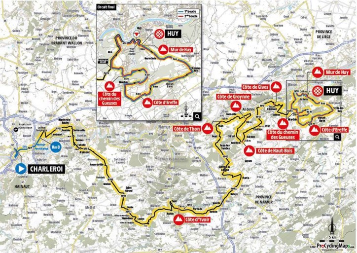 PARCOURS. Waalse Pijl 2021: 12 hellingen, waaronder drie keer die verschrikkelijke Muur van Hoei