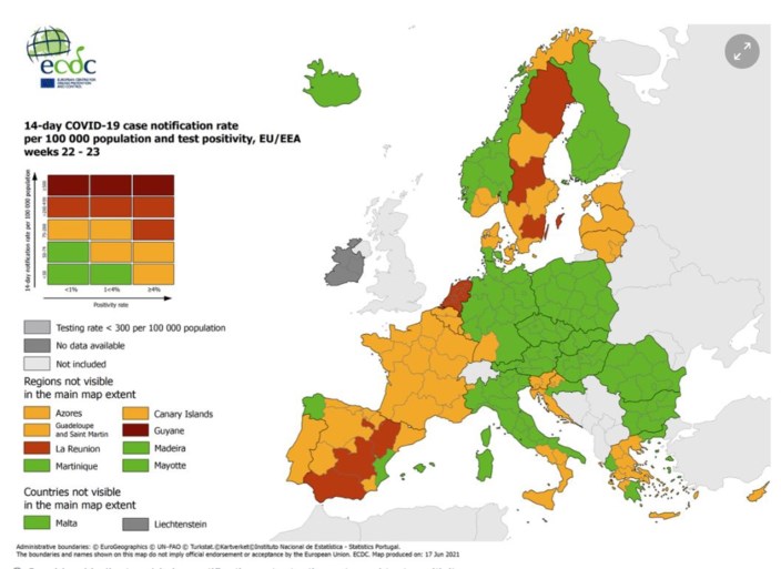 Brussel en heel Frankrijk kleuren nu ook oranje op Europese coronakaart
