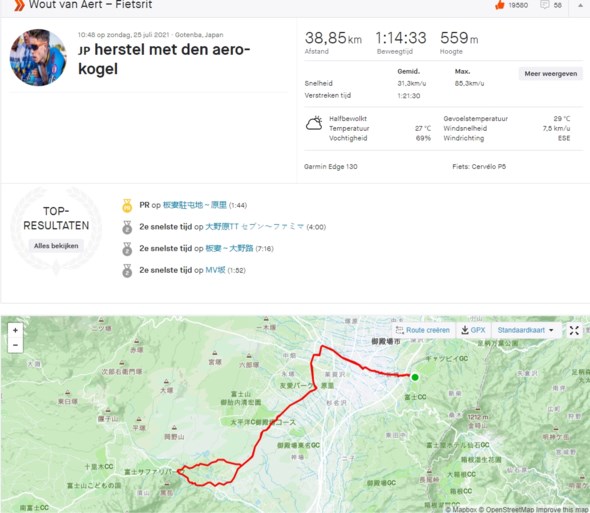 Daags na het zilver: Wout van Aert werkt herstelritje af in Tokio met “aerokogel” Remco Evenepoel