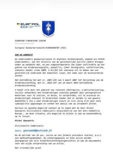 Let op als u deze mail in uw mailbox krijgt: “U maakt voorwerp uit van een onderzoek naar kinderporno”
