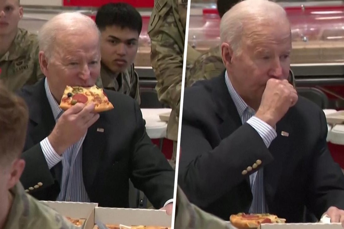 Joe Biden chokes on pizza too spicy when sharing table with soldiers