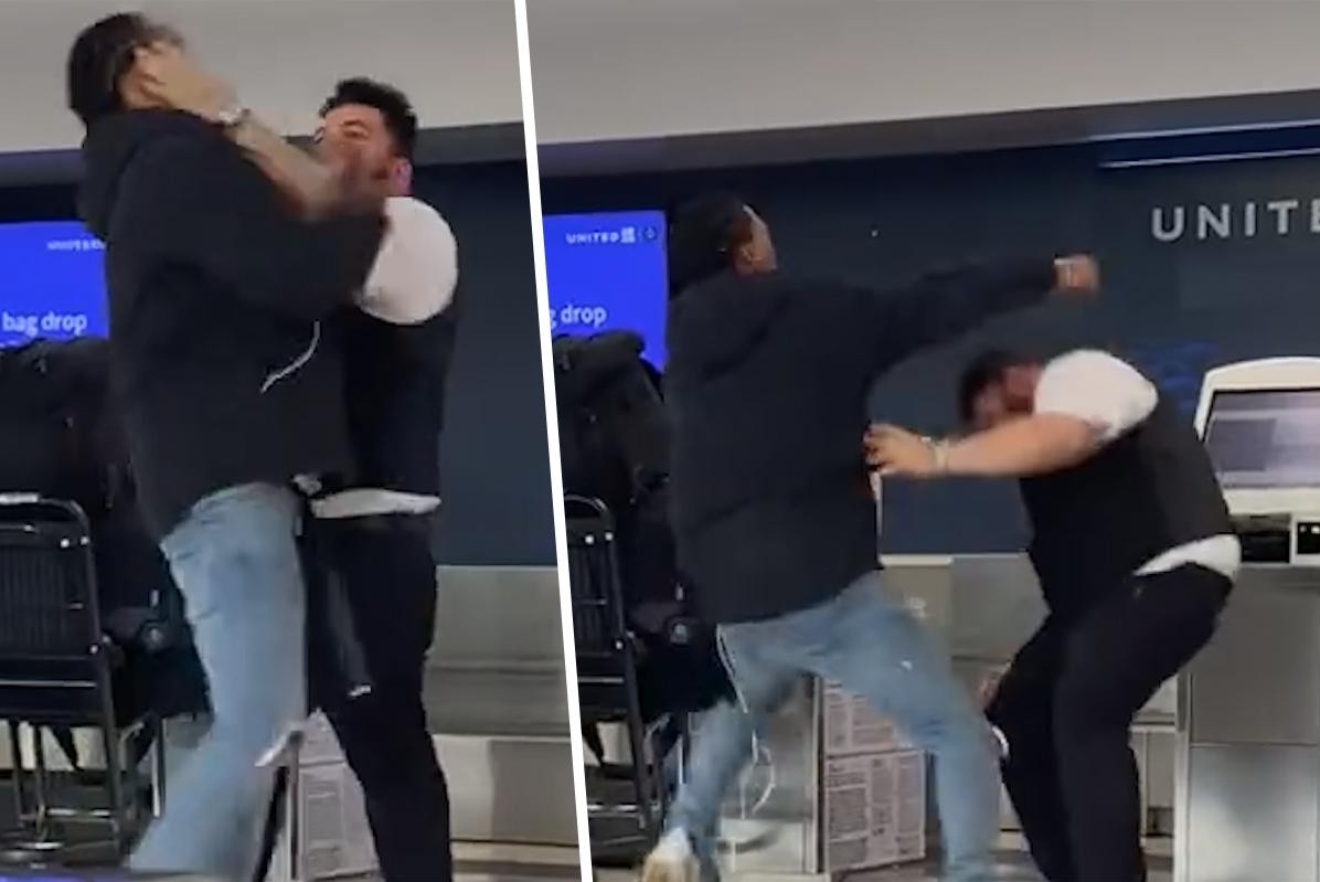 Entra nel panico in aeroporto quando un dipendente e un giocatore di football americano iniziano una violenta rissa dopo una lite