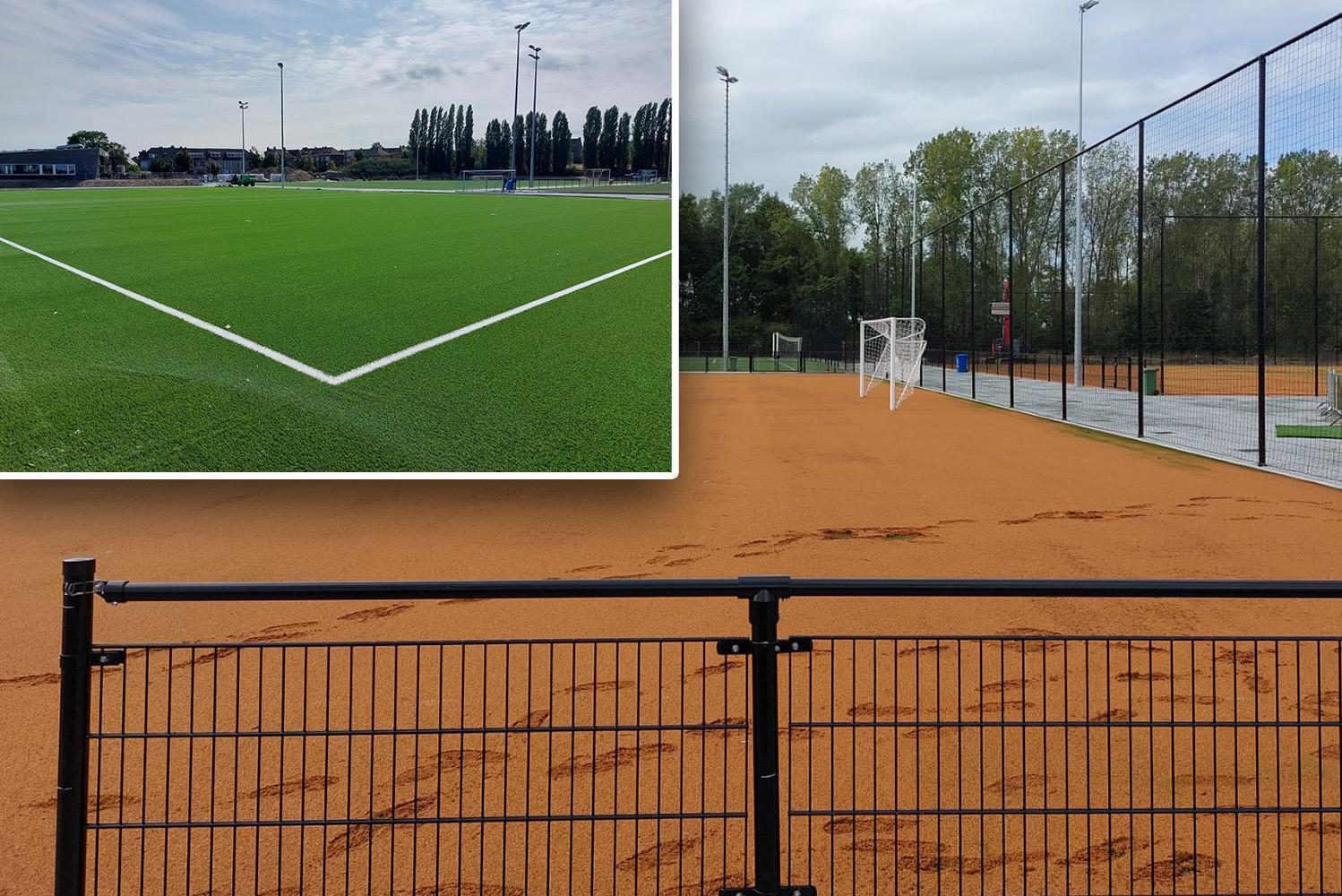 Twee gloednieuwe synthetische voetbalvelden zien er opeens uit als gravel tennisbanen na hevige regen