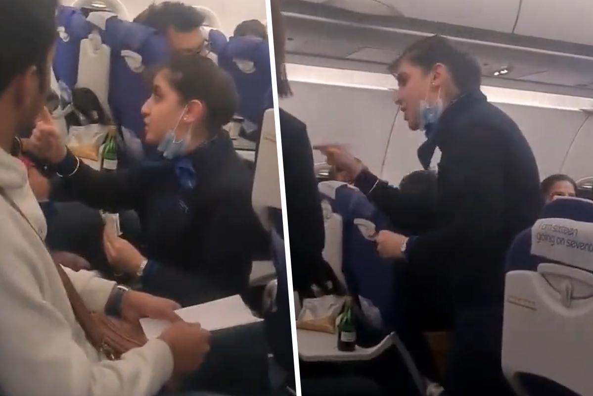 The flight attendant reacts furiously to the passenger who brutalizes the flight attendants: “My crew is crying because of you.”
