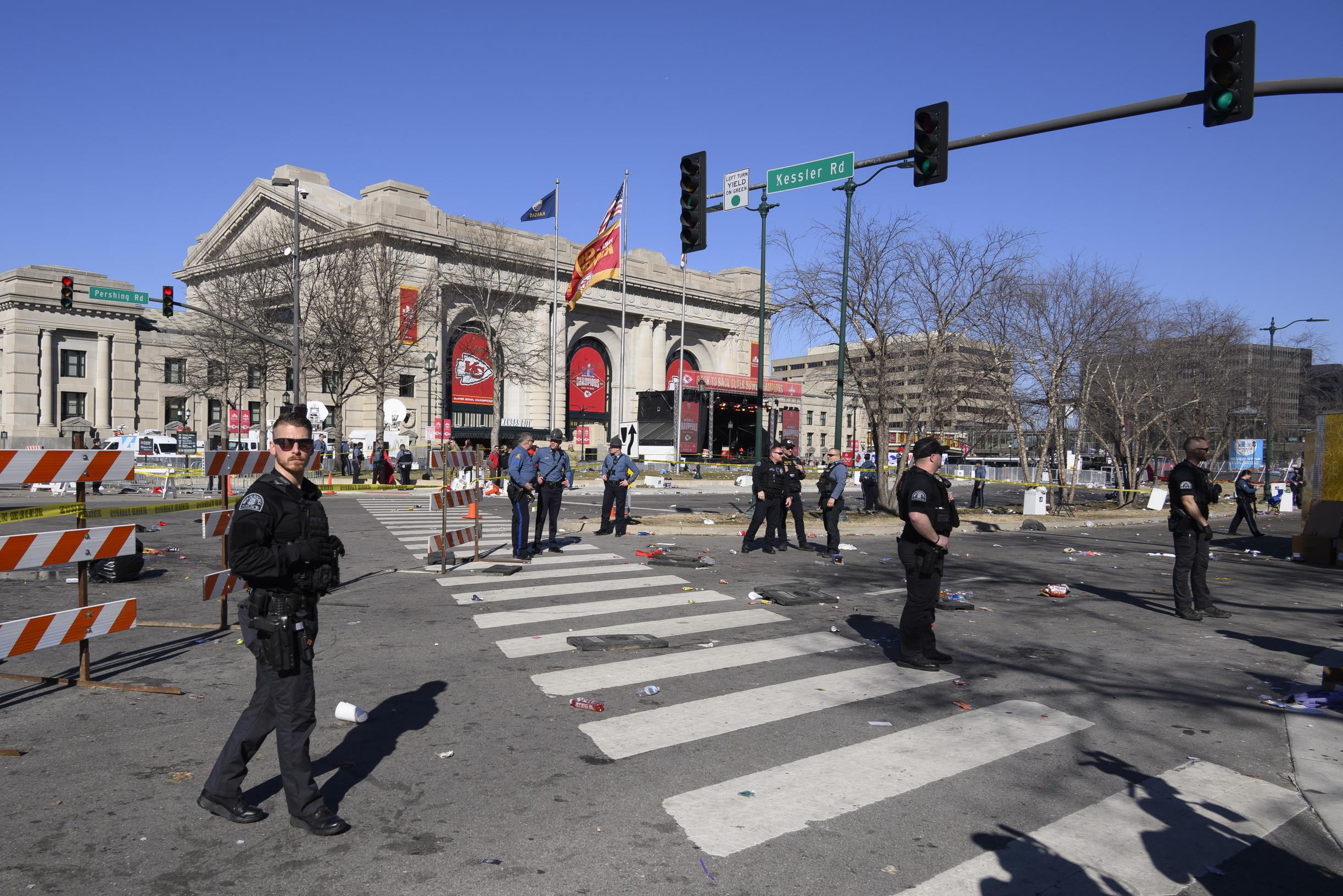Shooting at Kansas City Chiefs Super Bowl party leaves one dead and at least ten injured, with two suspects in custody