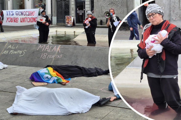 Pro-Palestijnse activisten stappen fontein in stadscentrum in, en kleuren het water “bloedrood”: “Wij kunnen deze slachting niet meer aanzien”