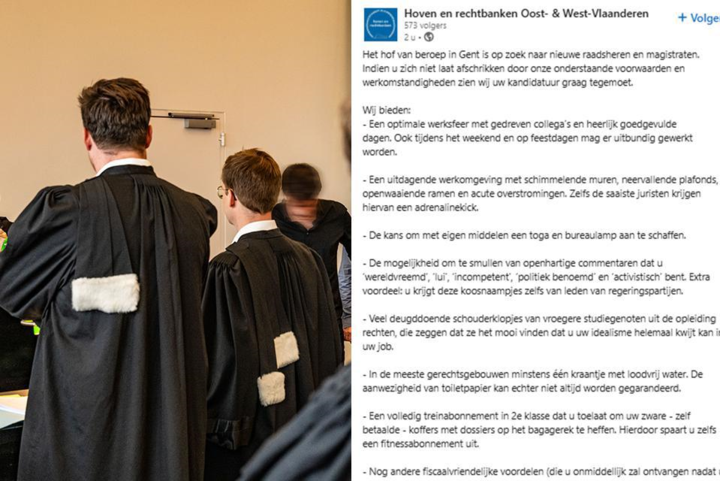 Gents hof van beroep plaatst cynische ‘vacature’ als sneer naar regering: “Uitdagende werkomgeving met schimmelende muren en neervallende plafonds”