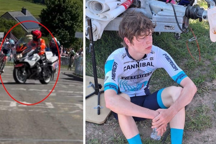 Onvoorzichtig manoeuvre van politiemotor doet Leander De Gendt Luik-Bastenaken-Luik voor juniores verliezen: “Ik kan het echt niet geloven”