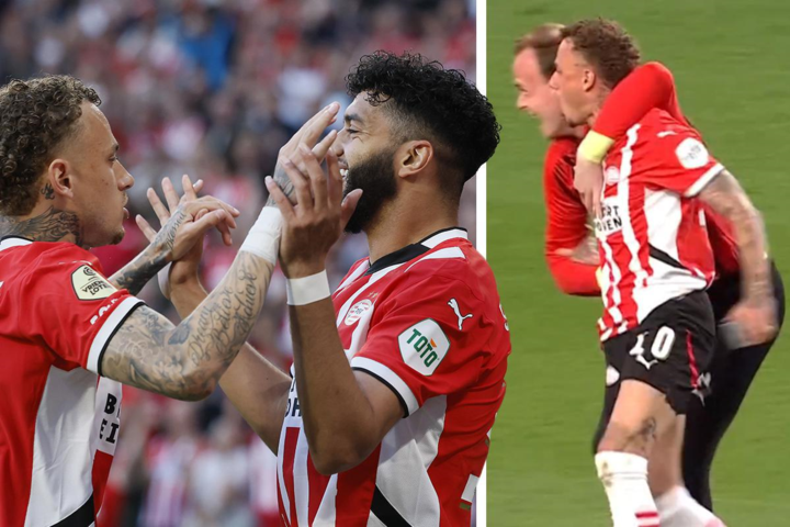 VIDEO. Een kampioensfeest avant la lettre: Noa Lang en PSV-ploegmaats door het dolle heen na laat puntenverlies Ajax