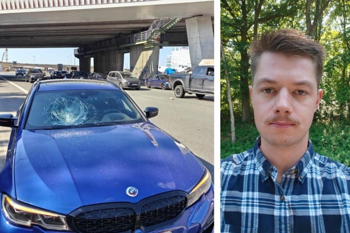 Piloot Cedric (25) komt met de schrik vrij wanneer zware steen in zijn voorruit landt: “Je rijdt rustig naar huis na een vlucht, en plots gebeurt dit”